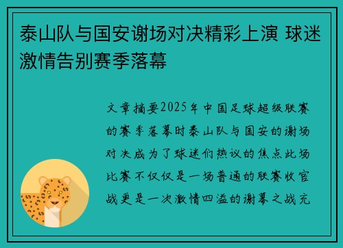 泰山队与国安谢场对决精彩上演 球迷激情告别赛季落幕